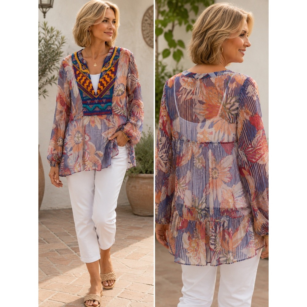 Soft Surroundings Sheer Boho Floral Tunic Top M Embroidered V-Neck Peasant
